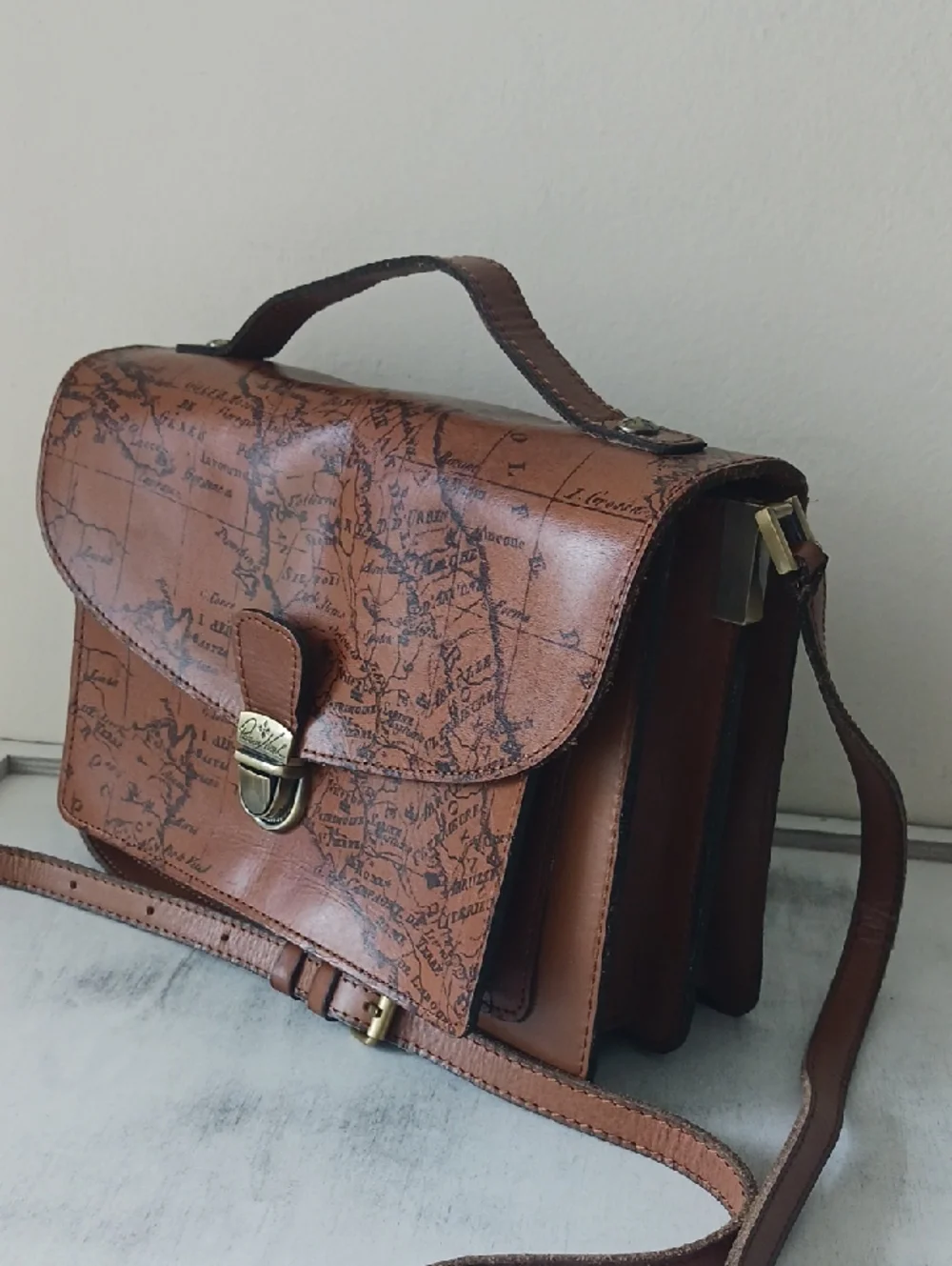 Patricia NASH Digione Riot Rust Map-Print Brown Leather Crossbody Satchel - Picture 2 of 10